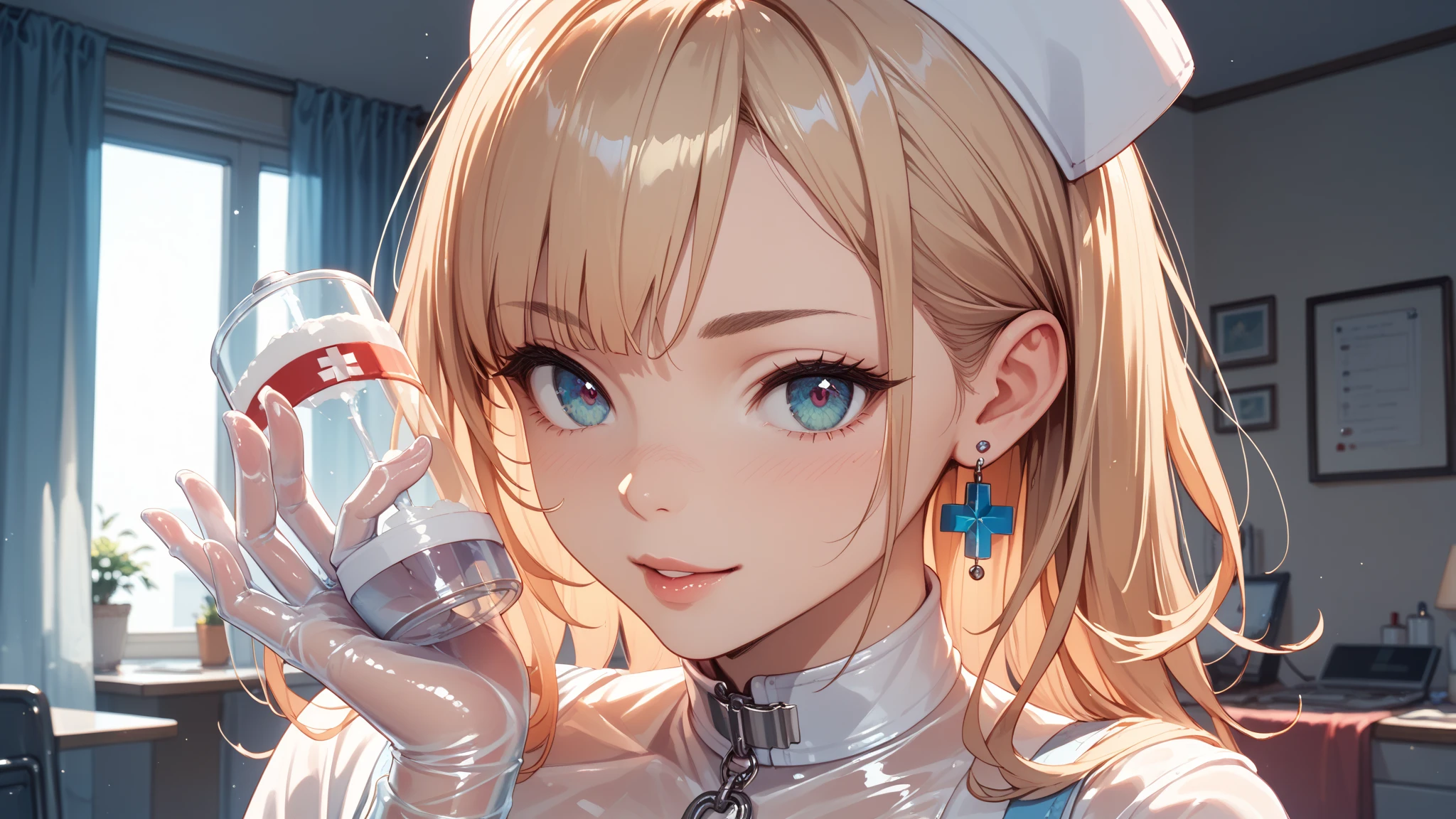 (masterpiece, best quality:1.3), (from above:1.3), Yagokoro Eirin, Touhou Series, perfect face, expressive eyes, 1woman, looking at viewer, 38 years old, gorgeous body, big breast, beautiful, anime, lora,1woman, silver hair, braid hair, nurse cap, red and blue clothes, long skirt, (seductive smile, looks down on viewer:1.5), (cinematic lighting, realistic, dream-like, enchanting atmosphere:1.3), (photo of a woman in her dark and mysterious environment:1.3), (the woman surrounded by an aura of mystery and intrigue:1.3), (a dark and mysterious laboratory decorated with many flasks, each filled with colorful liquids:2.0), (she is full of joy in making new discoveries:1.5), (a crystal ball nearby, adding to the mystical setting:1.3), (a hint of incense in the air, adding to the sensory experience:1.3),