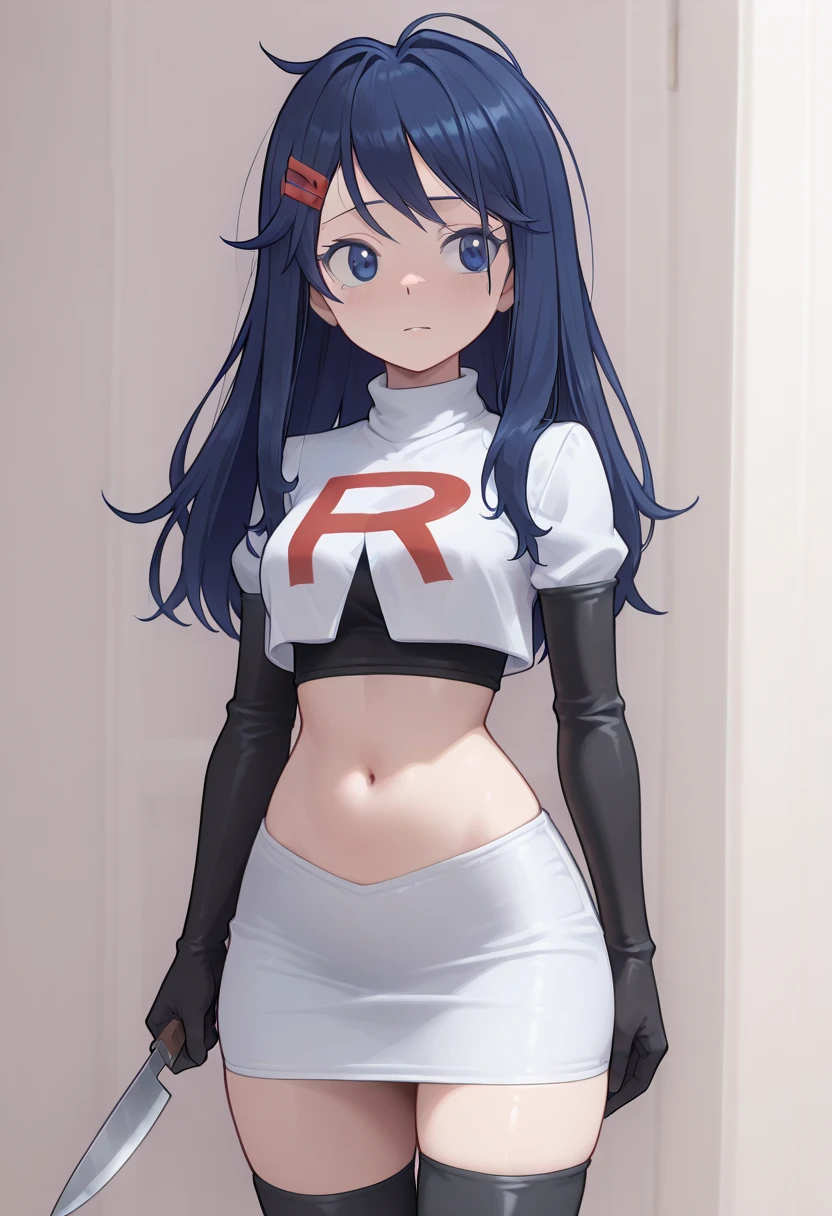 ((masterpiece,best quality)), team rocket,team rocket uniform, red letter R, white skirt,white crop top,black thigh-highs,black elbow gloves zettai ryouiki, aamona, long hair, twintails, hair ornament, black ribbon, earrings, witch hat, purple headwear, cowboy shot,