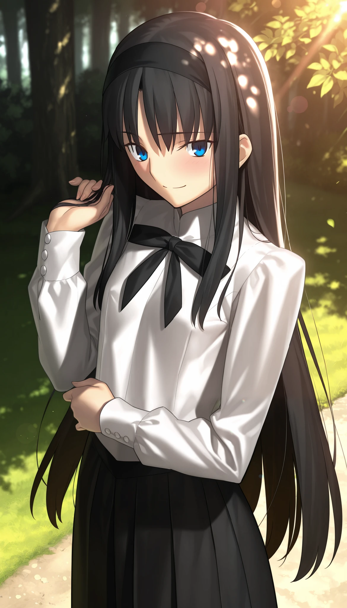 masterpiece, , absurdres, highres, detailed background, high resolution, masterpiece, necessary, detail, best quality, quality, necessary, details, High details, Precise, dark, outdoors, dappled sunlight, day, lens flare, blurry background, from above, upper body,                                            
                                                                                                                                                                                                                         1girl, , Takeuchi Takashi (type-moon,tsukihime) style, takeuchi takashi style, 
   
tall girl, mature, Akiha_Tohno, (tsukihime), black hair, bangs, long hair, blue eyes, half-closed eyes, black headband, straight hair, tsurime, ,(playing with own hair), smile,
(white shirt, black long skirt), nipple, black ribbon, small breast, flat chest, embarrassed, looking at viewer, , 