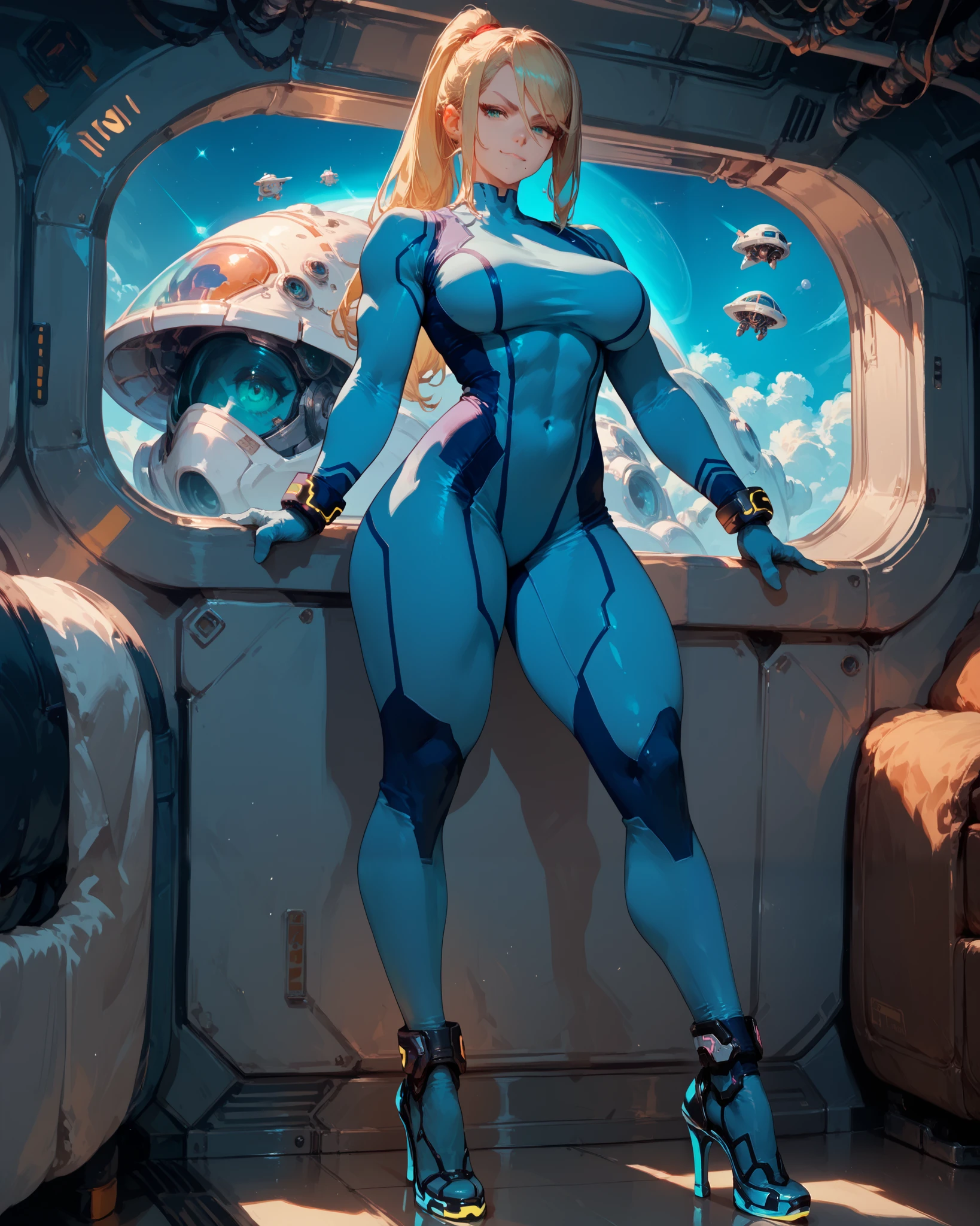 score_9, score_8_up, score_7_up, score_6_up, source_anime,Samus aran, tall, long legs,indoors, space ship, from front, bodysuit,closed mouth,aqua eyes,standing,big breasts,heels,looking at viewer, smug smirk,