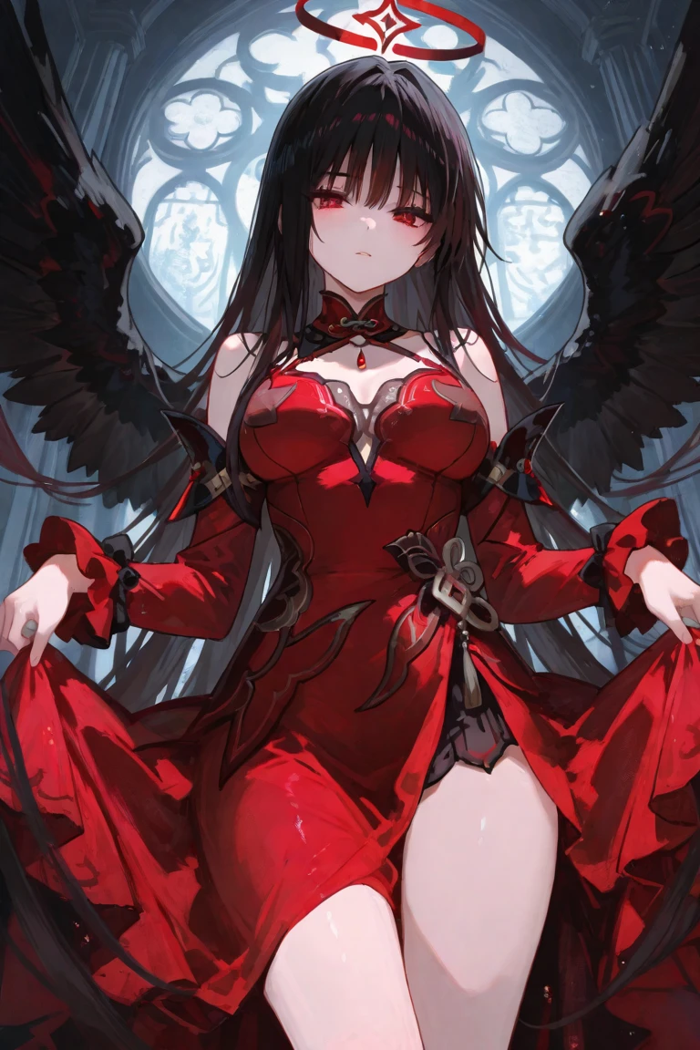 (best quality, high resolution, textured skin, high quality, High Detail,Extremely detailed CG unification),Demon Queen,Obsessed,Scarlet eyes,Dynamic Angle,whole body,Gorgeous dress,Long skirt covering the legs,Lots of fabric,Lace,Decorations,Transparent multi-layered skirt,Ruffles,Intricately designed clothing is beautiful to wear,Elegant and attractive posture,Demon Wings,Gloves,whole body包裹的衣服