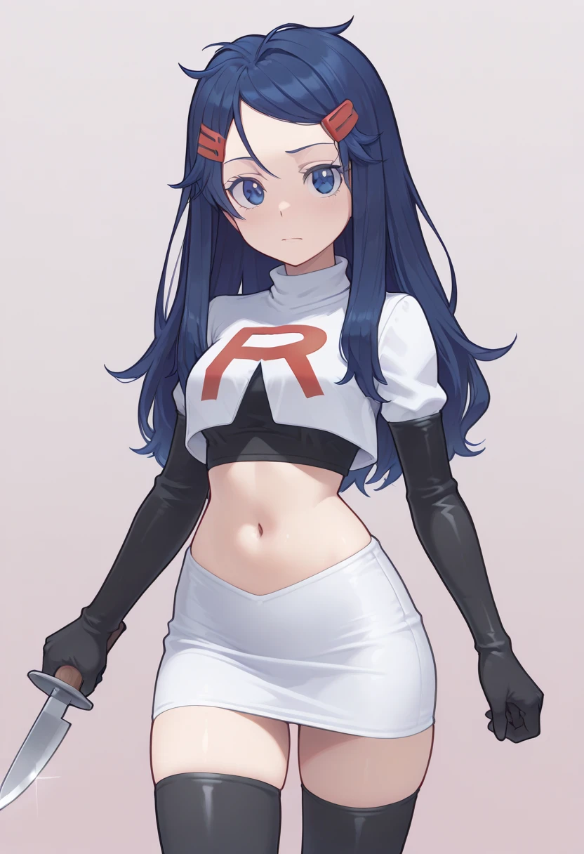 best quality, masterpiece, highres, solo, {tlaloc_fgo:1.15}, bangs, black_hair, blue_hair, multicolored_hair, long_hair, hat, breasts, jewelry, streaked_hair, black_eyes, 1girl, hair_ornament, looking_at_viewer, two-tone_hair, ponytail, makeup, team rocket,team rocket uniform,white skirt,red letter R,crop top,black thigh-highs,black elbow gloves,