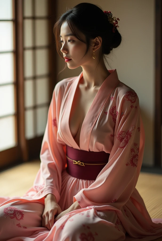 BDSM, NSFW, 1 Girl, Summer, Sakura, Sitting on the Floor, Pink Kimono, Serious Face, Short Brown Hair, Clear Focus: 1.2, Highly Detailed Face and Skin Texture, Best Quality, 8k