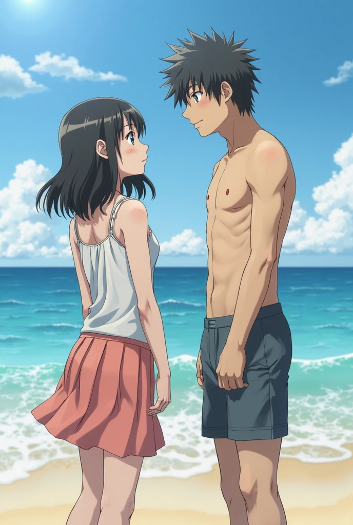 shinkai makoto, kimi no na wa., 1boy buzzcut, blush, muscular, shorts, hug from behind, 1girl, bangs, black hair, brown eyes, short hair, hair ribbon, smile, outdoors, summer, sexy pose, arms up, beach, open mouth, blush, looking at the viewer, cowboy shot, blue sky, happy, cloudy_sky, bikini, white bikini, masterpiece, masterpiece,