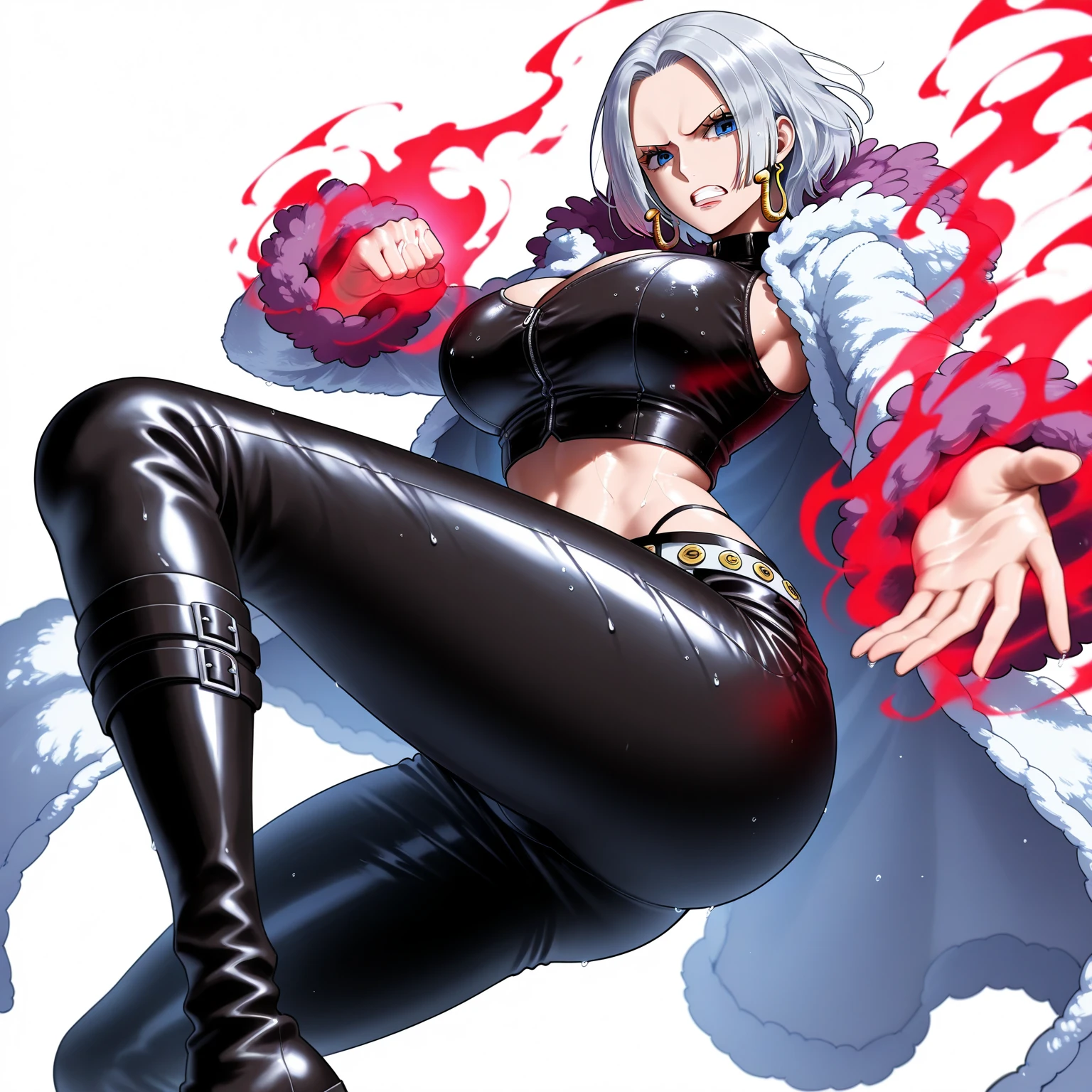 Lunarian from one piece with long messy white hair, a black overcoat and a white shirt underneath