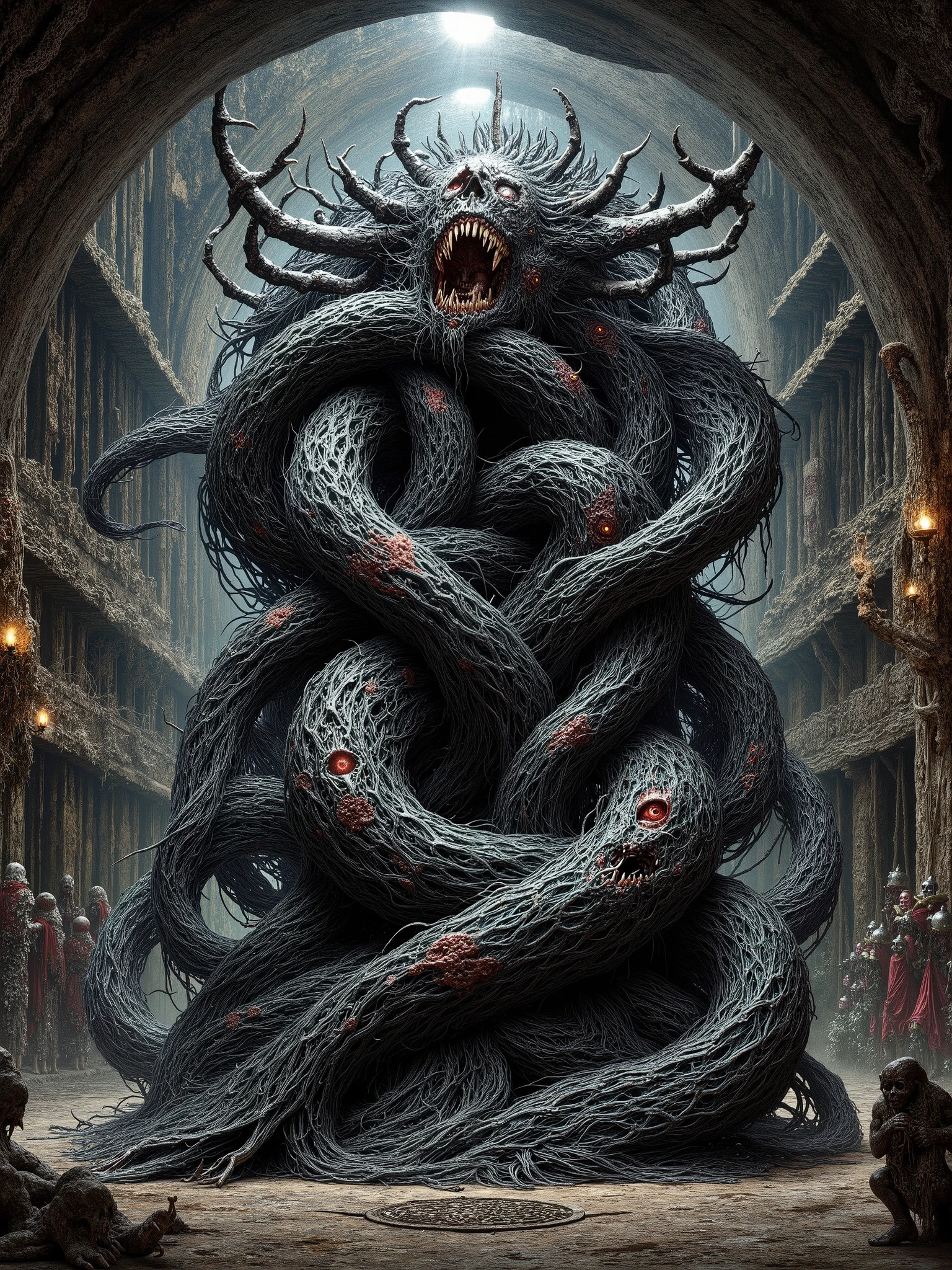 A tangle of humanoid torsos braided together with black floral bone, each face whispering conflicting truths. A terrifying biomass that wriggles and shakes its way through a medieval city street.