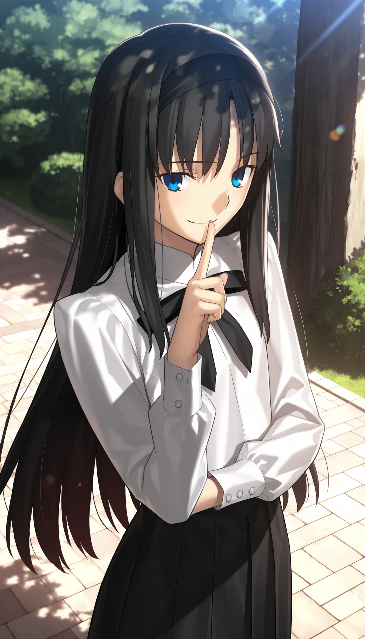 masterpiece, , absurdres, highres, detailed background, high resolution, masterpiece, necessary, detail, best quality, quality, necessary, details, High details, Precise, dark, outdoors, dappled sunlight, day, lens flare, blurry background, from above, upper body,
1girl, , Takeuchi Takashi (type-moon,tsukihime) style, takeuchi takashi style,
tall girl, mature, Akiha_Tohno, (tsukihime), black hair, bangs, long hair, blue eyes, half-closed eyes, black headband, straight hair, tsurime, ,(shushing), smile,
(white shirt, black long skirt), nipple, black ribbon, small breast, flat chest, embarrassed, looking at viewer, ,