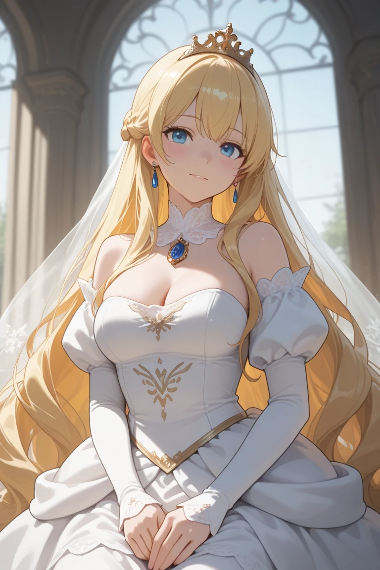 score_9, score_8_up, score_7_up, uncensored, source_anime, 1girl, solo, BREAK 1girl, blonde hair, solo, long hair, (earrings), flower, rose, crystalline, dress, tiara, white dress, gloves, long sleeves, choker, mascara, makeup, elbow gloves, bow, floating hair, bra, jewelry, looking at viewer, collarbone, puffy sleeves, golden accessories, upper body, parted bangs, very long hair, black dress, frills, bangs, outdoors, detailed eyes, dynamic cut,