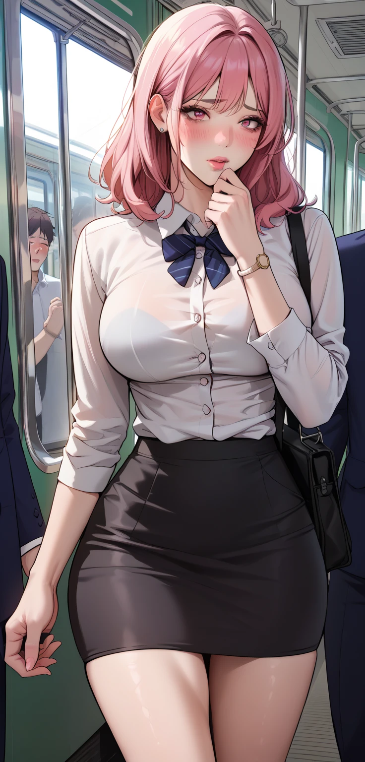 masterpiece, absurdres, best quality, ultra detailed, high Resolution, detailed illustration, bright colour, (extremely beautiful detailed face and eyes, Delicate beautiful face, 1 girl, 18yo, cute face:1.3), (magenta eyes:1.1), sparkling eyes, big eyes, (medium breasts:1.3), (perky breasts:1.1), (pointy breasts:1.1), medium hips, glamorous body, white skin, BREAK, (blonde hair:0.8), messy hair, detailed hair, shiny hair, BREAK (casual blouse, frill skirt, undressed:1.3), perfect lighting, (Being molested1.3), (ecstasy, vulgarity:1.5), (embarrassed:1.3), (crowded train, 1 boy, hand in skirt:1.3),