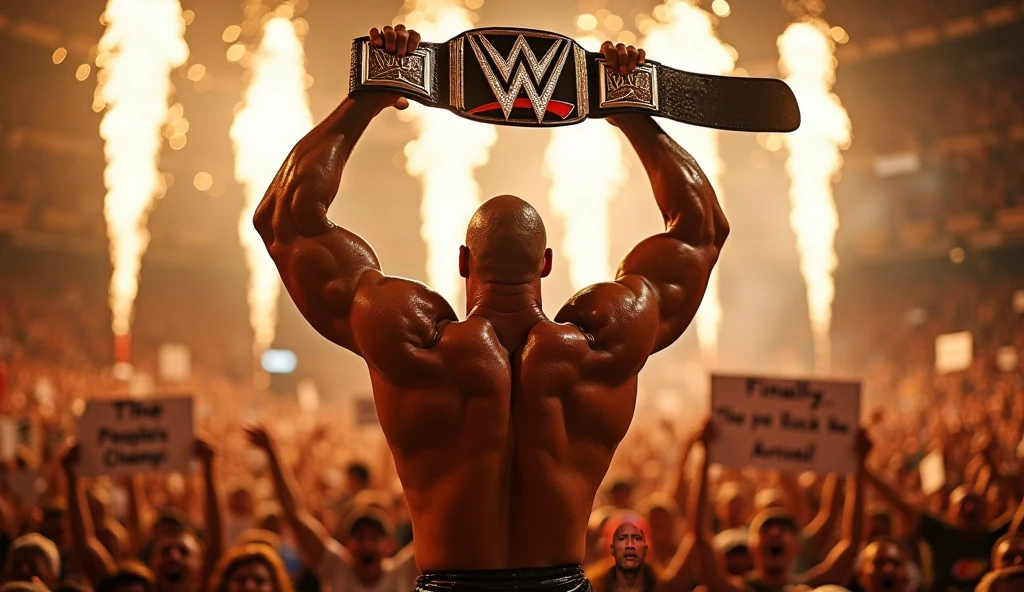 Create an image with this description a scene that could be a graphic representation or a description of a moment in a wrestling event, specifically in the PPV (Pay Per View) ALL IN.
In the scene, the rock, playing his character of "final boss" (final boss), stands with the red WWE Universal Championship held high, symbolizing his victory.
on the floor, Jon Moxley is found, defeated.
in a corner, There is a girl crying next to Moxley, There is a bottle of alcohol, which could indicate that Moxley's character is going through a difficult time or that he is being portrayed as someone who drinks to forget his problems..
La escena describe un momento dramático y emocional en el que the rock celebra su victoria, while Moxley and the experience defeat and sadness.