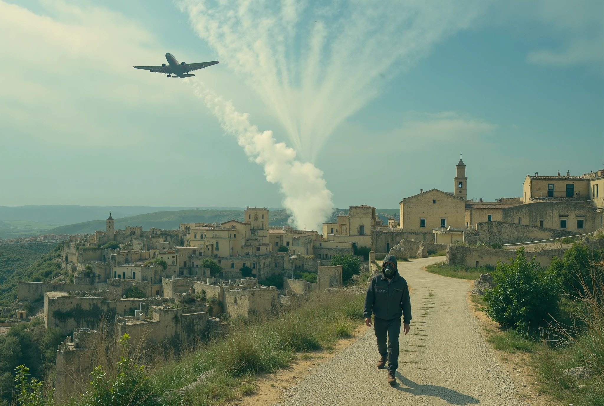 a plane passes through the sky of Matera (sui sassi_di_matera) and releases a dense chemical and toxic trail. a wears a gas mask and walks under the wake of the plane. The head bowed down. the color of the wake is white with a few shades of rotten green.