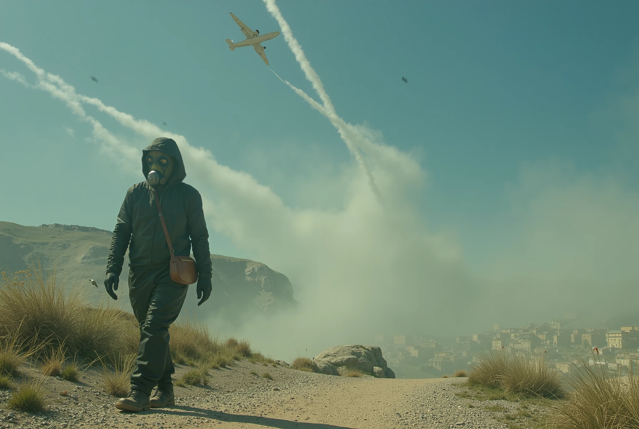 a plane passes through the sky of Matera (sui sassi_di_matera) and releases a dense chemical and toxic trail. a wears a gas mask and walks under the wake of the plane. The head bowed down. the color of the wake is white with a few shades of rotten green.