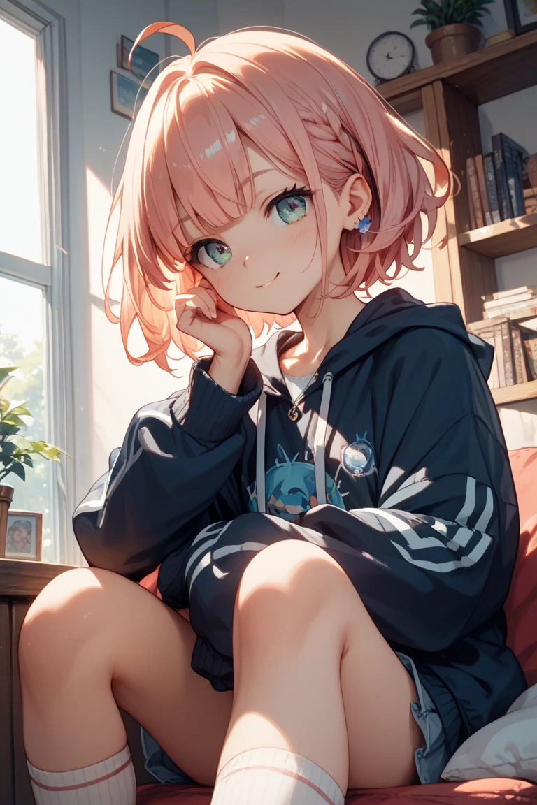 (One transcendent beautiful girl)、manaka komaki、ultra-detailed、(8K, RAW photo, best quality, masterpiece:1.2), (extremely detailed 8K wallpaper),professional lighting,sharp focus, depth of field、(((Detailed and accurate face))),(((head shot)))、nfws,((Pink short bob、Fluffy curly hairy、Rainbow colored inner curl hair))、((Highest quality)), ((masterpiece)), (((A simple, baggy hoodie))),((Perfect Face,Beautiful Eyes)),(((Close your eyes tight))),(((Just before climax、orgasm、Blushed、Ecstasy face)))、(((cowgirl position)))