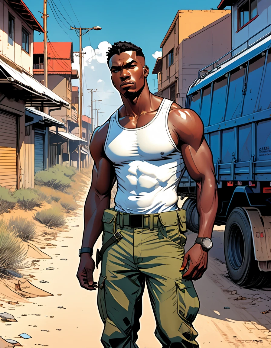 Create a Brazilian mulatto hero superhero with normal black hair, usar barba, 35 anos, mulato, olhos vermelhos estreitos, Futuro uniforme preto tech contendo detalhes de textura de fibra de carbono e linhas douradas na armadura do terno, use a letra dourada e quadrada " s" like a belt buckle equipped with gadgets and hero weapons, Ele tem 1,90 metros de altura, pesa 100kg e tem um visual preto escuro, Electrical rays come out of your hands, pose de luta enquanto voa, with a futuristic technological weapon on his back and in a scene of destruction with destroyed buildings and people running in the background in desperation, Show that he's full body flying in fight scene, Spaceships fill the skies in the background, Ships ready to attack the hero, Many armed enemy soldiers approaching on the horizon to surround the hero, use estilo HQ, Cartoon, criar modelo estilo Marvel e Dc Comics, desenho, 8K分辨率, a lot of whimsy in the fingers of the hands and eliminate deformities in the body in the final result,