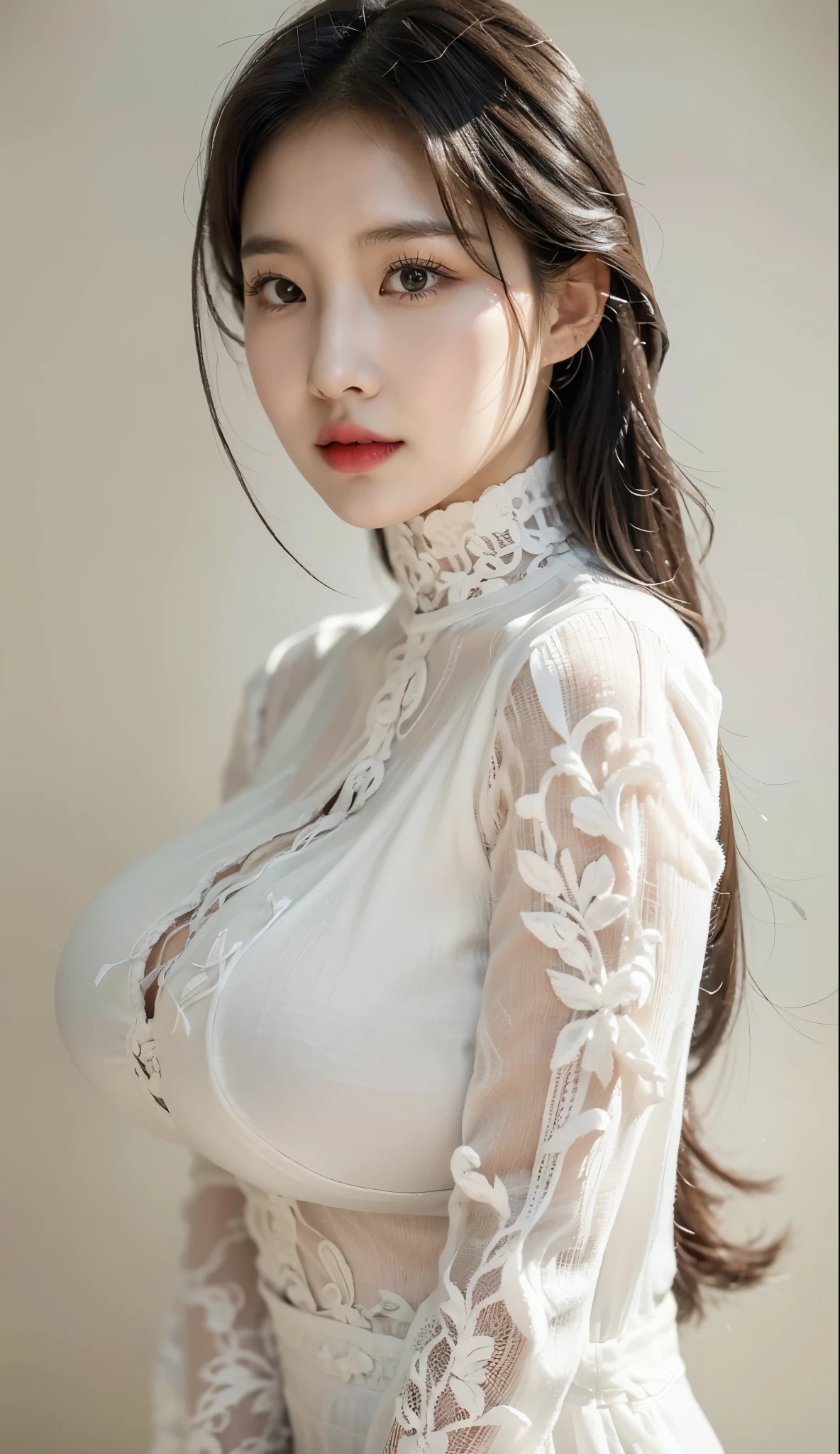 finest image, realistic, portrait, detailed and delicate depiction, neat and beautiful Japanese woman, light brown braided bangs straight hair, shining big eyes, long eyelashes, double eyelids, red alluring moist big thick lips, huge breasts, slender, sexy lace dress was wide open on the sides