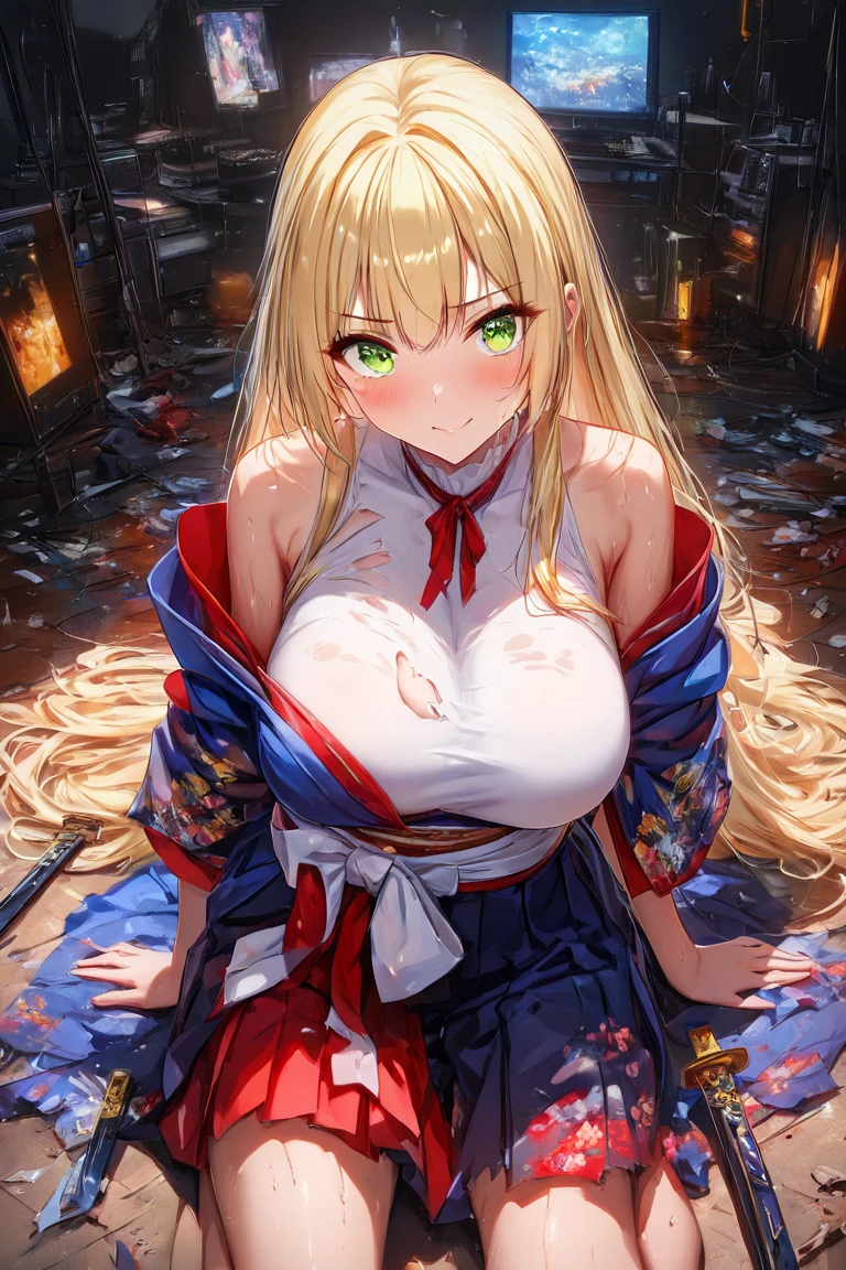 top-quality、Top image quality、​masterpiece、girl with((cute little、18year old、Best Bust、Medium bust、Bust 85,Beautiful blue eyes、Breasts wide open,Valley、Blonde long hair、A slender、Disheveled black ninja uniform、She holds a sword in her right hand 、systemic return blood、Reflecting the whole body、)）hiquality、Beautiful Art、Background with((Japanese-style room、The screen is covered in blood、Bloody tatami mats、Bloody fusuma、Shoji with blood)),masutepiece、Elaborate design、visualart、depth of fields、The best lighting、highestdetailed、8ｋ,、Art of Kurosawa World