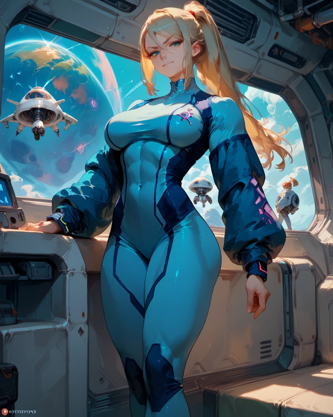 1girl, 1monster, Samus Aran, zero suit, large breasts, eyes blue (detailed:1.0), intense pleasure, realistic, curly hair, blondie, thin, source_anime, ponytail, cute, space ship, surprised on face, kitchen on space ship, side view, monster breas grab, ripped suit on breast