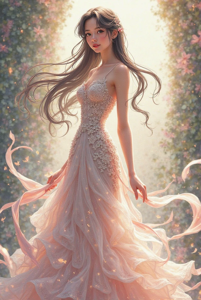 Spring goddess, deep brown skin, long light pink hair, forest, nature, floral gown, green eyes
