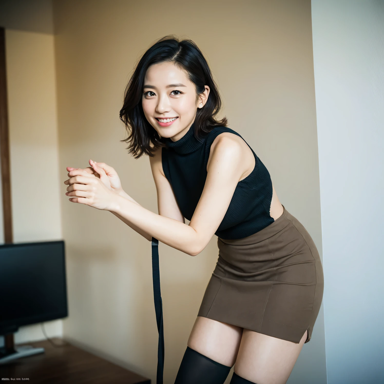 ((highest quality、8K、masterpiece:1.3))、detailed background(8K、masterpiece、highest quality、Raw photo)、yoga poses、(sharp focus:1.2)、(genuine、photo genuine:1.3)、beautiful face woman、20-year-old、laughter、(shining smile:1.5)towards the audience、Get in front of the audience、pointed chest、long eyelashes、colored contact lenses、big、delicate、very fine eyes、highly detailed face、(messy brown hair:1.3) )、I can see the nipplesシャツ、small necklace、I can see the nipples、((black mini skirt))、((pantyhose:1.4))、I can see the nipples、beautiful thighs、from below、Beneath the knee/high boots、raise one knee、Dark brick room、night、(depth field:1.3)、((Blur))、((Lift your skirt yourself))、((I can see the nipples))、Black pants are visible、No bra、open legs、((I can see your panties))、