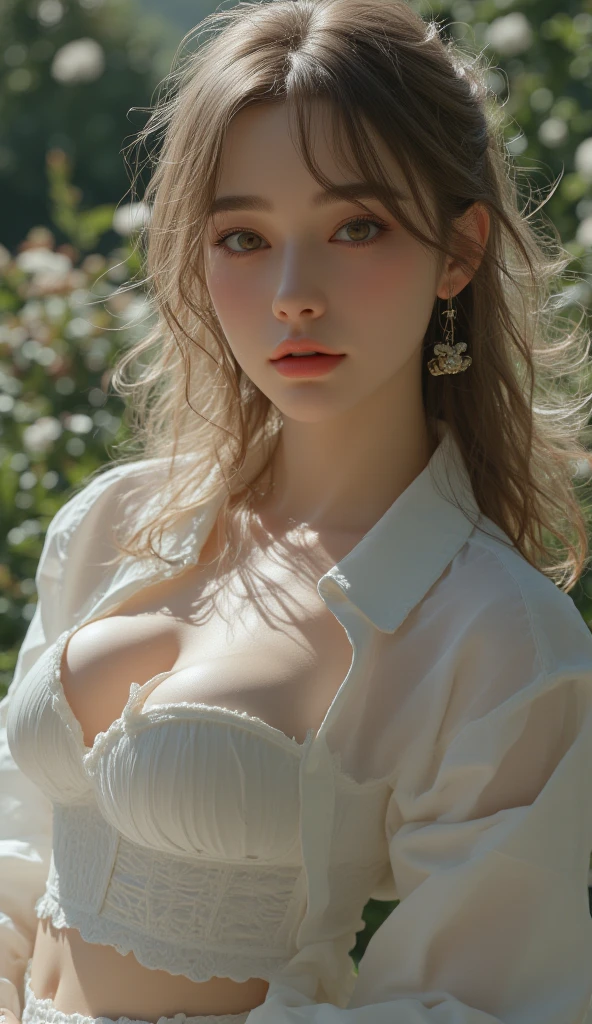 Beautiful handsome woman, ((top quality, 8k, masterpiece:1.3)), pretty woman, huge breasts:1.3, slender figure:1.1, elastic red long hair, (shower, wet body, wet clothes:1.1), very detailed face, detailed lips, detailed eyes, double eyelids, detailed blue eyes, extremely detailed outstanding blue eyes, red hair, red hair, naked ass, huge round earrings, tattoo on the chest, slight smile, detailed flower wreath on her head, gym space, gym equipment behind