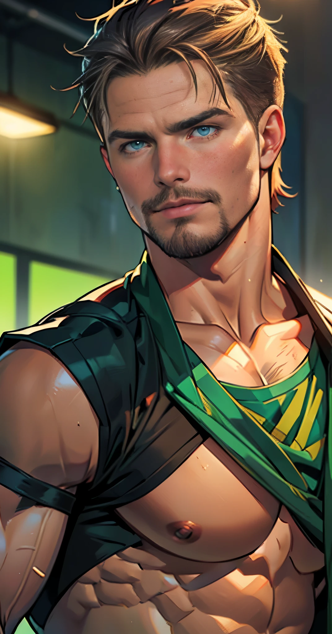 suave secret agent, muscular man, the hunk ((( Stephen AMELL))), charming, attractive, wearing (((red short ))) changing background, (((showing his dark blond hair, facial hair, blue green eyes ))), , volumetric lighting, depth of field