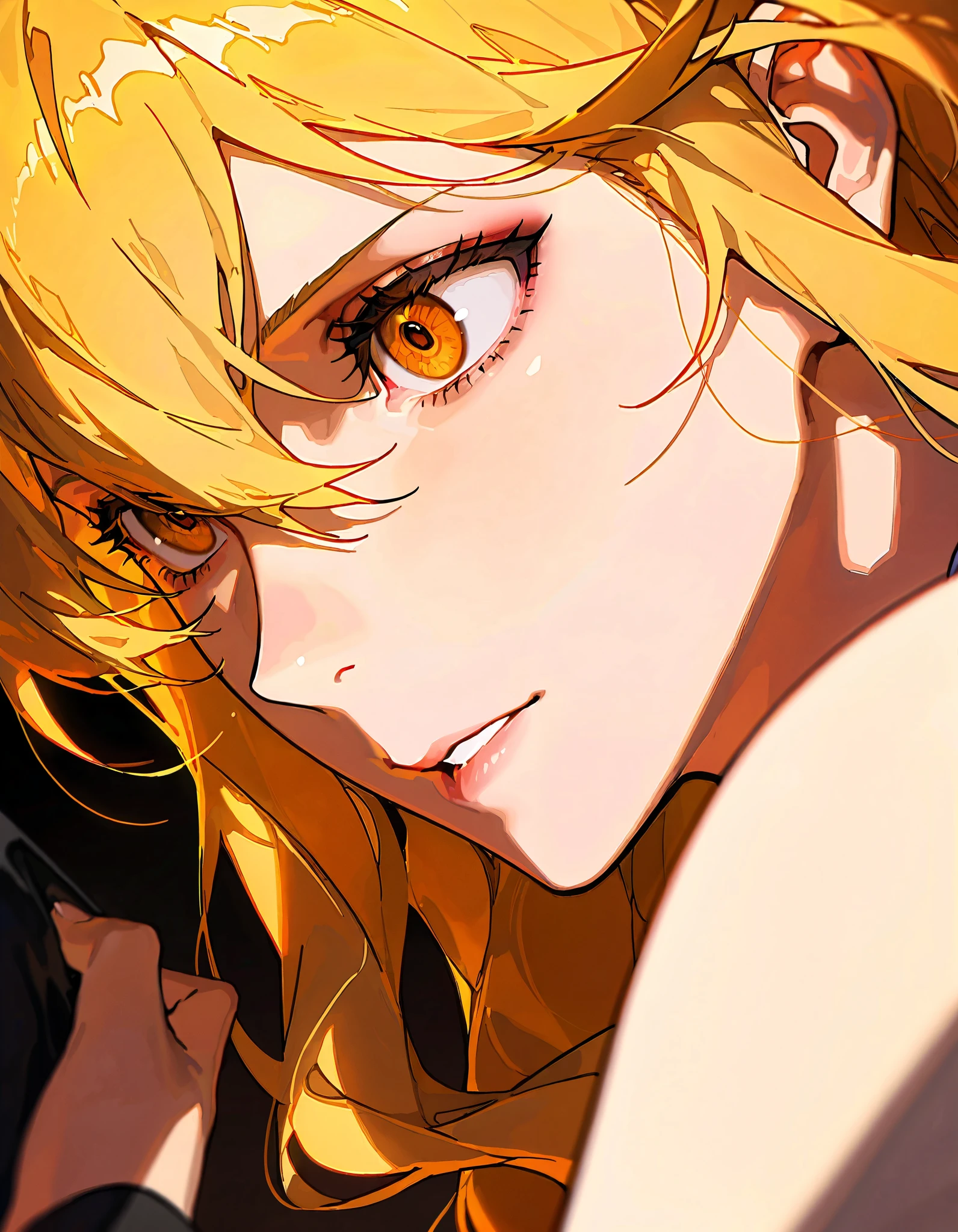 (artist:OKAZU:1.10), (artist:hiten:0.51), artist:WANKE, (artist:ciloranko:0.55), (Gina, Solo Leveling character), (masterpiece: 1.2), (best_quality: 1.0), (solo: 1.4), 1woman, 35 years old, middle-aged woman, (solo focus, 1view), (mature woman, strict facial features, sharp facial features), ((face focus: 1,4)), ((Ultra Detailed, Cinematic, hyper detailed, Hyperresolution, official arts, Wallpaper 40k, Mind-blowing art)), (blonde long hair, hair between eyes), voluminous hair, bright brown eyes, mesmerizing eyes, Beautiful nose, Beautiful character design, perfect eyes detail, perfect face, Colorful, Bright_Front_face_Lighting, (bright_color: 1.2), (beautiful_face: 1.5), seductive, (beautiful, clean skin), front view, bottom view, simple background, black background,