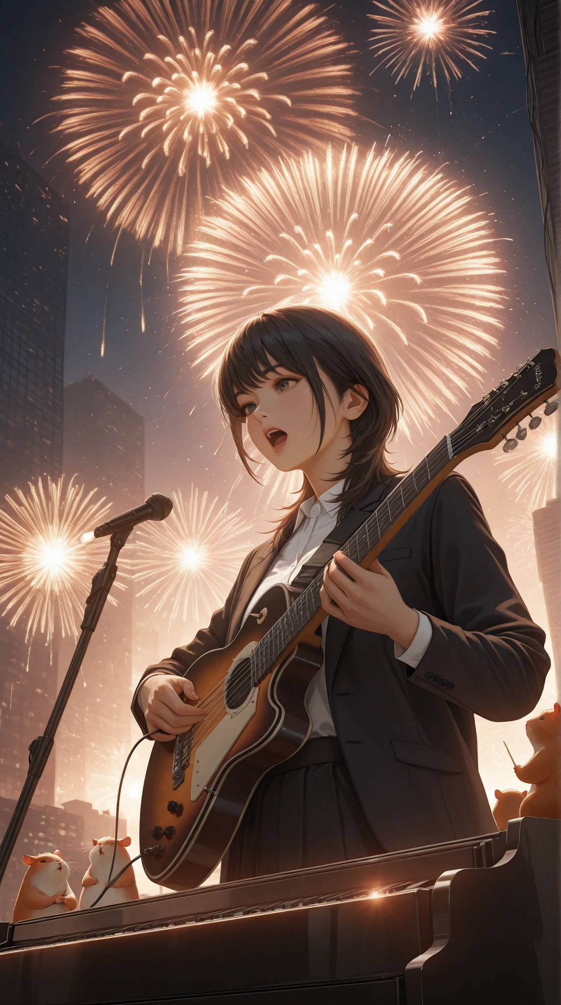 Detailed Portrait of Chihiro,Chihiro Singing on the Stage,Hamster playing guitar and piano in the back,Numerous Fireworks Bursting in the Sky,Futuristic Style Buildings and UFOs,4K resolution,realistic,Professional Exquisite Paintings,Fantastic Atmosphere,Attractive colors,dramatic lighting,realistic 재 표현,Professional level detail,Masterpiece,Ultra Detailed Description