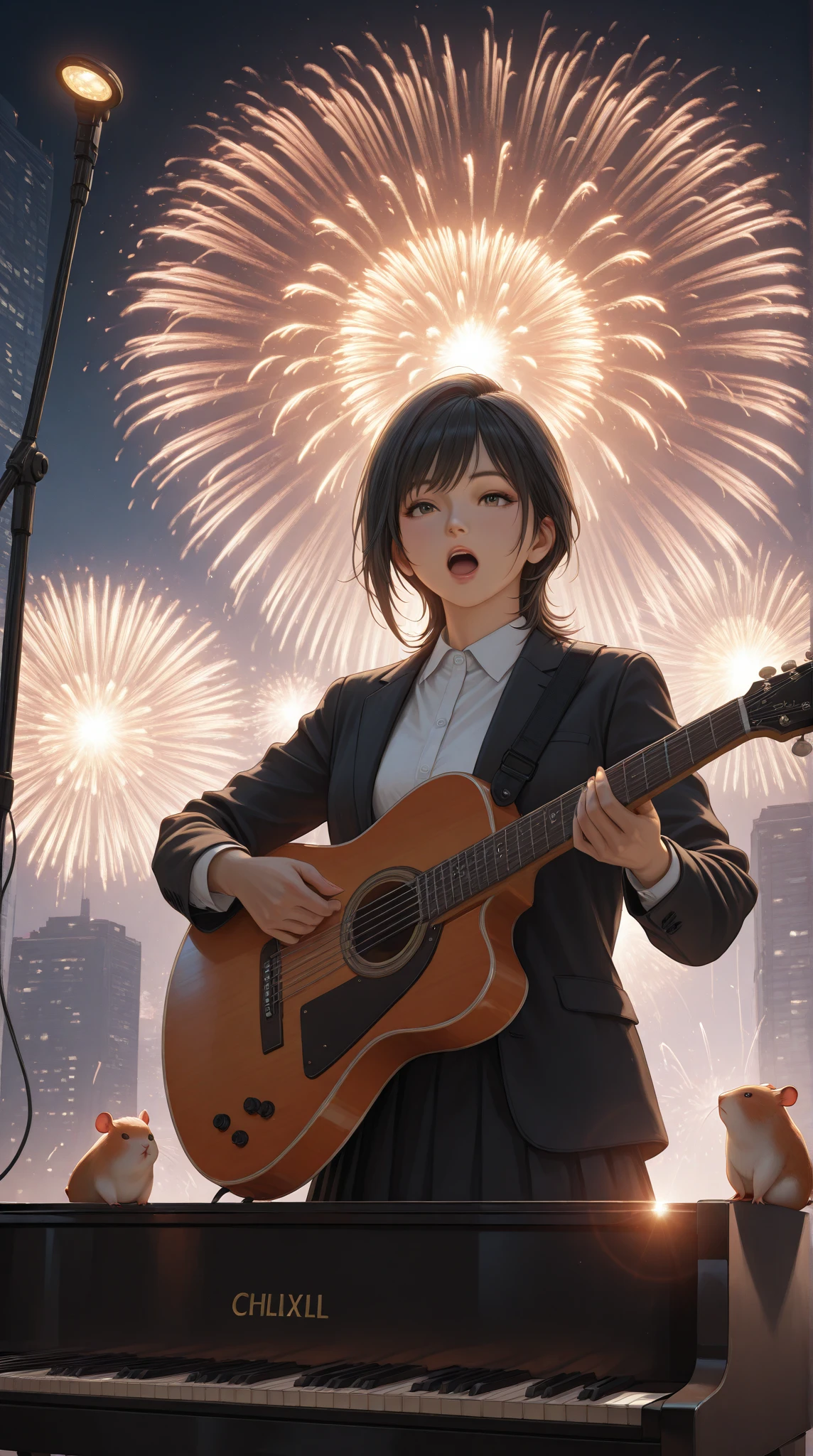 Detailed Portrait of Chihiro,Chihiro Singing on the Stage,Hamster playing guitar and piano in the back,Numerous Fireworks Bursting in the Sky,Futuristic Style Buildings and UFOs,4K resolution,realistic,Professional Exquisite Paintings,Fantastic Atmosphere,Attractive colors,dramatic lighting,realistic 재 표현,Professional level detail,Masterpiece,Ultra Detailed Description