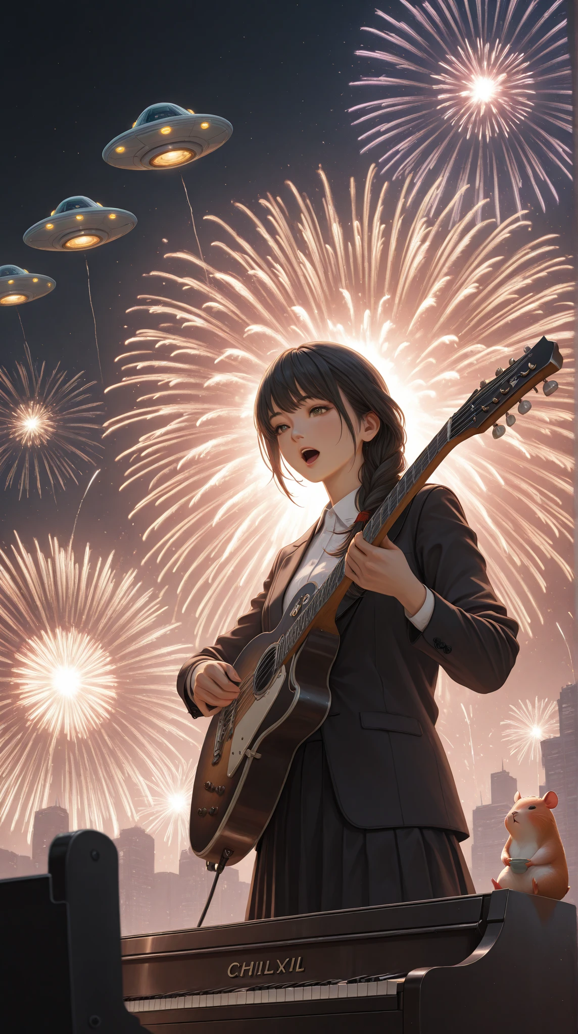 Detailed Portrait of Chihiro,Chihiro Singing on the Stage,Hamster playing guitar and piano in the back,Numerous Fireworks Bursting in the Sky,Futuristic Style Buildings and UFOs,4K resolution,realistic,Professional Exquisite Paintings,Fantastic Atmosphere,Attractive colors,dramatic lighting,realistic 재 표현,Professional level detail,Masterpiece,Ultra Detailed Description