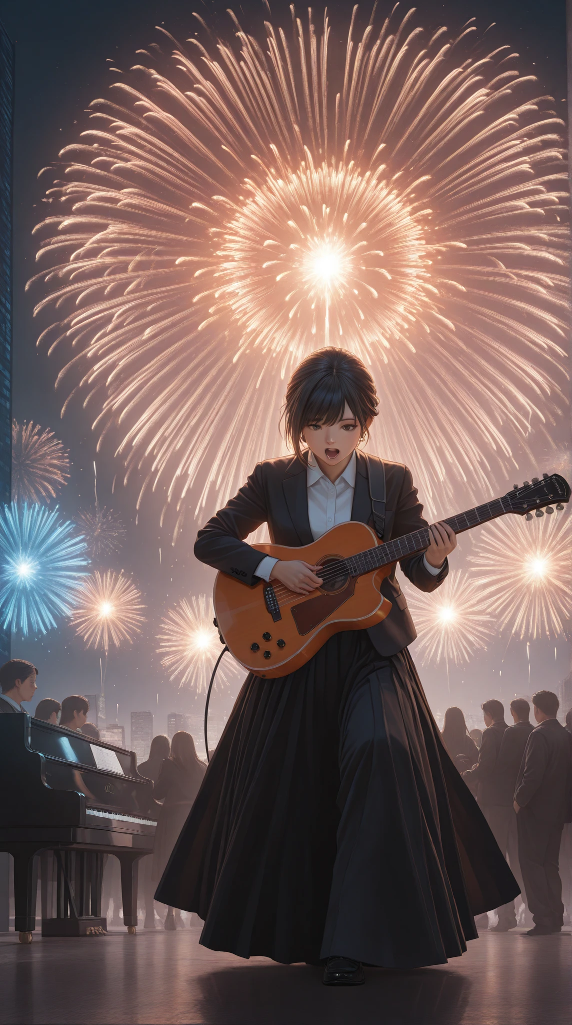Detailed Portrait of Chihiro,Chihiro Singing on the Stage,Hamster playing guitar and piano in the back,Numerous Fireworks Bursting in the Sky,Futuristic Style Buildings and UFOs,4K resolution,realistic,Professional Exquisite Paintings,Fantastic Atmosphere,Attractive colors,dramatic lighting,realistic 재 표현,Professional level detail,Masterpiece,Ultra Detailed Description
