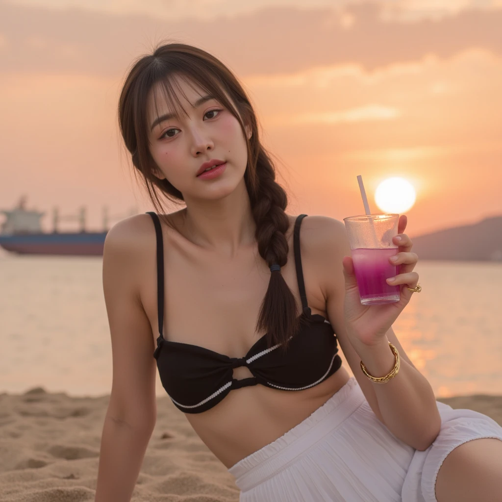araffe woman with straw hat drinking a drink on the beach, Ulzzang, Arte no estilo de Guweiz, with straw hat, Lalisa Manobal, Guweiz, palha, com um canudo, Jinyoung Canela, wearing two - piece swimsuit, Hong June Hyung, Jaeyeon Nam, is wearing a swimsuit