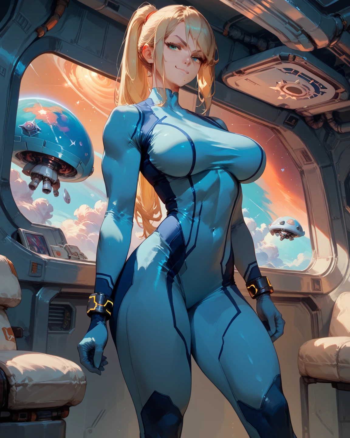 (masterpiece), best quality, expressive eyes, perfect face, (alien spaceship background), (sitting with legs open on alien spaceship), (smirk), (closeup view), (1girl, age 18+, Margot Robbie, fair skin, blonde hair, long hair, ponytail hairstyle, blue eyes, hourglass figure, thin body, skinny body, large breasts, huge breasts, oppai, wide hips, thick thighs), (aqua_blue microbikini with cybernetic pattern, cameltoe),