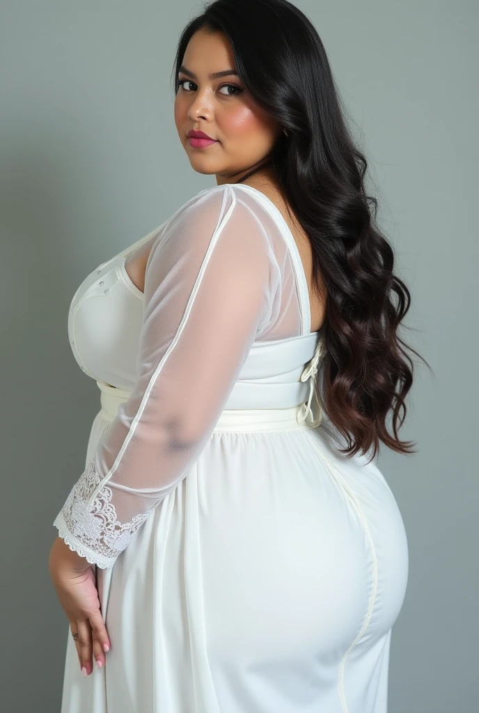 Feminine girl, dark brown hair, white skin, curvy model (hips, buttocks), perfect anatomy (perfect hands and face), photo studio (lace clothes), professional photography, gray background, makeup, lights, close-up, real, curvy plus model, skin texture, canon camera focus, RAW photo