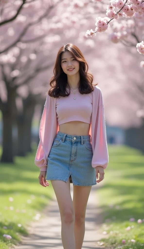 （Highly detailed body，Highly detailed face，Best quality at best：1.2） ，A woman who is，Full body photo，Long hair coiled，Kneel and watch the audience，（Pink skinny sweater，Denim miniskirt，high-heels），（Pink bougainvillea chaos in the background：1.4）