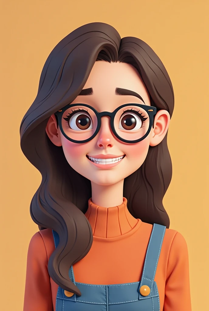 Pixar style poster of a 1 girl with straight hair, long, brown hair and semi-round glasses and brown eyes and casual clothing in a library with a black leather jacket and posing for a casual photo sitting with a book on the table