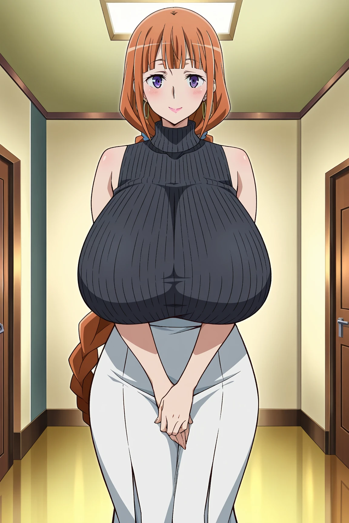 masterpiece, best quality, absurdres, 8k, perfect shadows,perfect lighting,hdr, ambient lighting, cowboy shot,shiny skin,skindentation, beautiful body, NamiFinal, orange hair, long hair, blue eyes,  (red crop top, turtleneck, bare shoulders,  pencil skirt, underboob, jewelry earrings,tight fit, complex detailed background, inside, luxury palace) (gigantic breasts,hourglass body, thin waist,very slim waist)extremely detailed face,detailed eye makeup, detail face, nice detailed eyes,nice hands, perfect hands (realistic pupils,realistic iris:1) heavy eye makeup,glowing eyes, Bright eyes,standing,standing at attention,(seductivel smile), gigantic breasts, curvy
