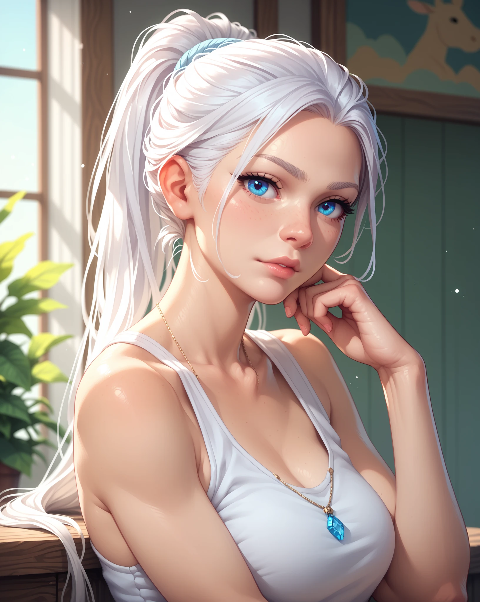 (best quality, ultra-detailed, photorealistic: 1.39), bright and vibrant colors, studio lighting, romantic expression, love smile, Beautiful white hair, long braided hair, muy voluptuosa, teen, medium breast, cleavage