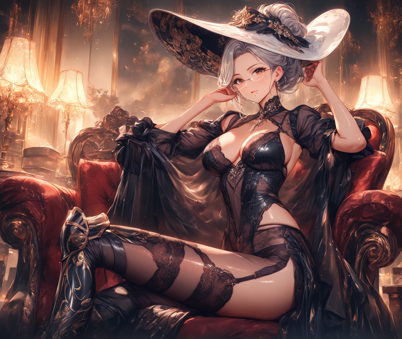 masterpiece, high quality, illustration, extremely detailed, 1_women, (full body), sitting, sitting in chair, hand on chin, (exotic skin_complexion:1.4),mature, statuesque, beautiful, exotic, curious express, nsfw, busty, chest window, ((cleavage)), and halter dress, black ((diaphanous sparkling dress)) with gold trim, black knee_high boots, white embroidery elbow gloves, long hair, white hair, realistic and detailed face having ((hazel_eyes)), ((dark_eyeliner)), long_eyelashes, dynamic lighting casts detailed shadows, rustic room, wooden table, crystal ball, rustic gypsy hut, candles, candle light, clocks on walls, skulls, potions, curtains, colored smoke in the air,