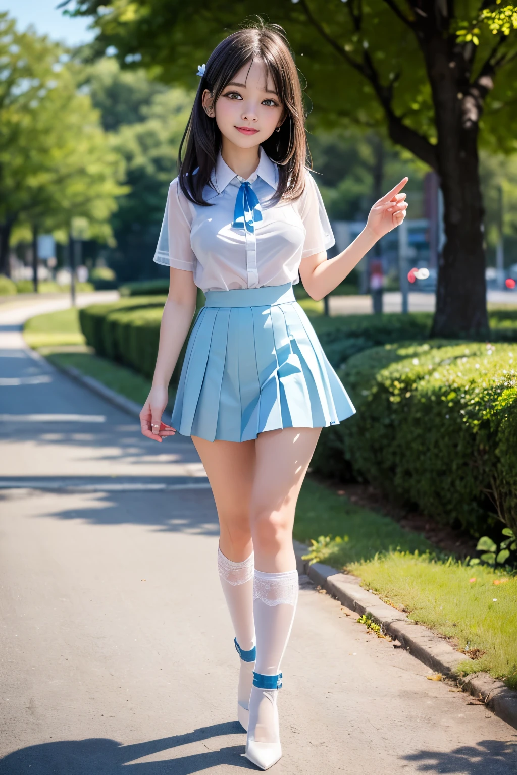 (dynamicposes:1.4), (dynamic ungle:1.4), Romper (细致背景:1.4)、hyper detailed background、(Floating light blue clouds:1.4)、(Floating blue flowers:1.4)、 Romper (perfect anatomia、perfect hand:1.4)、(Perfect five fingers:1.4)、(Perfect 4 long fingers and perfect short thumb:1.4)、(Thumb shorter than the other 4 fingers:1.4)、(Perfect two arms:1.4)、(Perfect two legs:1.4)、((top-quality、8K、masterpiece:1.3))、1girl in、A smile、full body Esbian、Slim Faces、Pretty women、(dark brown hair)、hyperdetailed face、A detailed eye、二重まぶた、blured background、Slim Faces、Cute、extremely delicate and beautiful girl、Happy smiling face、Overall、ultra-detailliert、4K、masutepiece、small mouth、Colossal tits、bura、Underpants、a short skirt,high waist skirt,high-necked,Sleeveless,bob cuts,long boots,ultra-detailliert, 4K, masutepiece,Smile,small mouth,white shirt、Skirts that show the body line、low angles、(pantyshot:1.1)、(skirt rift)、(skirt lift by yourself))、