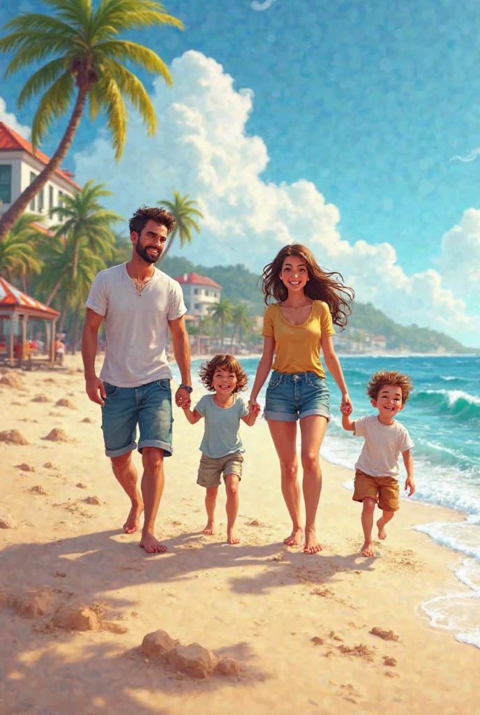 A man and two girls and a man on the beach, realistic portrait photo, Digital art. photograph realistic, Happy family, personal profile picture, high quality portrait, family photos, beautiful and realistic faces, Photorealistic faces, uhd realistic faces, photo realistic portrait, realistic digital painting, Realistic art, Numbers washes, very realistic digital art, illustratio