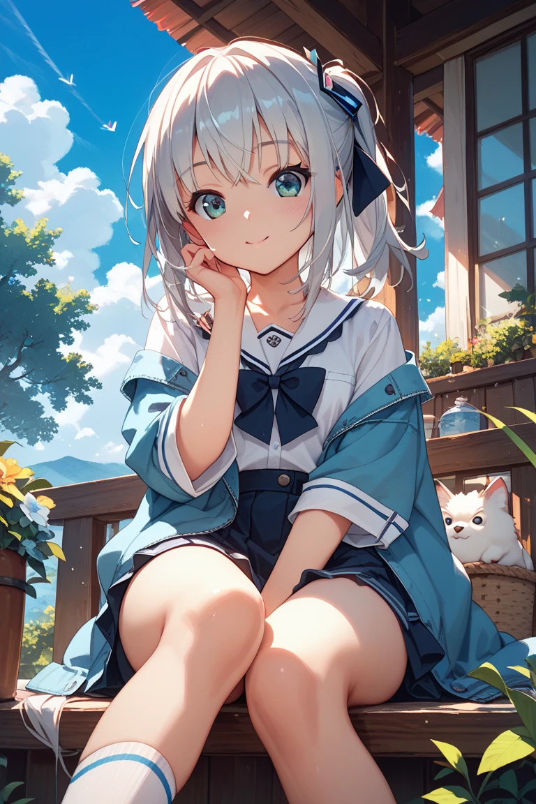 very cute and beautiful girl,(Very detailed美しい顔), (smile),blush,Black Hair,Seraphim,((White Hair、long hair)),(White Shirt、Pleated navy blue pread your legs、Squat)、Sitting、(From below)、(Lace panties), Country road, (Highest quality,masterpiece:1.0),Absurd,High resolution,Super detailed,Very detailed,32K,8k resolution, Intricate details,Movie Scenes,Detailed Background,alone,Dynamic Angle,