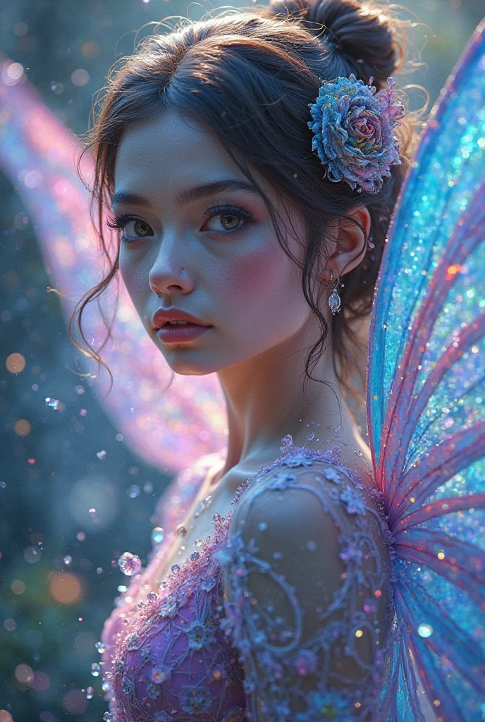 (Color photo of mysterious flower fairy with transparent colorful wings),(extremely delicate and beautiful work:1.2), Sitting in the Light of God, with neon lights, Axisymmetry, grand background, Silver dress, high-heels, flowercrown, starryskybackground, gentle and mysterious expression, High color saturation, surrealism , (Best Quality, masutepiece, ultra-detailliert, 超A high resolution, Photorealistic, Raw photo, absurderes, absolutely resolution:1.4),