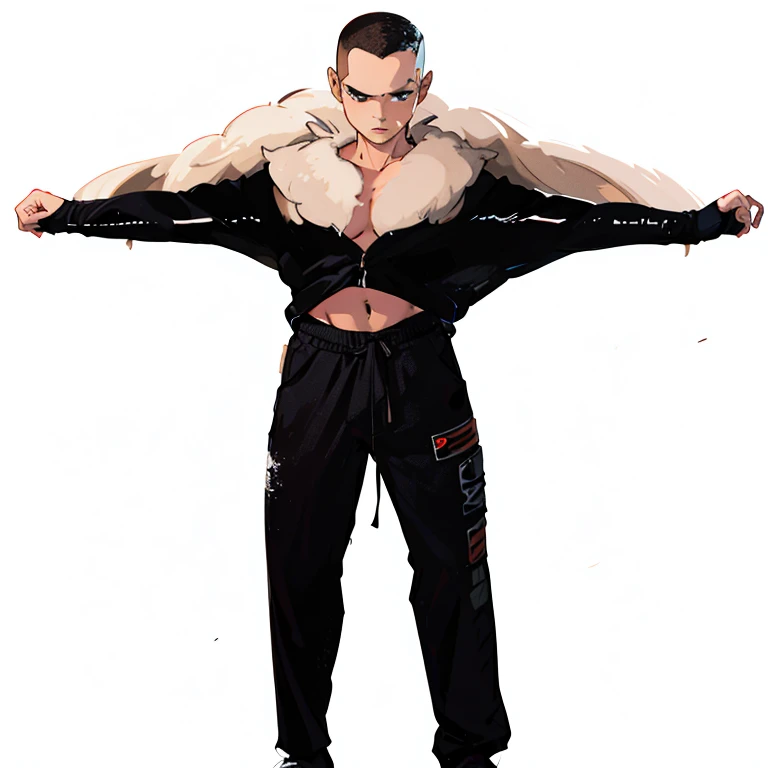 Full body image of Maki Zenin from Jujutsu Kaisen, full body in image, wearing her post-clan outfit (sleeves torn, harem pants), visible scars, short dark hair, female body, athletic and muscular body, dynamic pose, detailed pose, simple background, expressive face showing determination, focus on face, line art, sketch