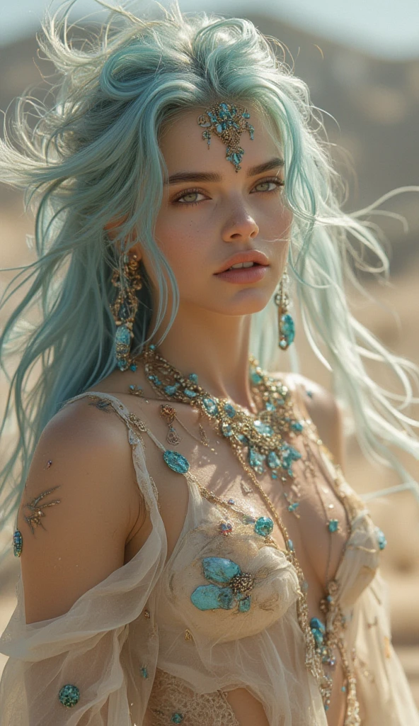 Ultra realistic 8K CG masterpiece, ((ultra-detailed background with delicate pattern and intricate detail: 1.3)), best quality, photorealistic rendering (1.4), beautiful lighting, absorbent shadows, RAW photo, film grain texture, ((medium-sized breasts, slim figure)), long flowing hair, 1 subject, horns (red, curled, with hair ornaments and hoop earrings), multi-colored horns, exquisite jewelry and earrings, Brazilian clothes (sleeveless, revealing bare shoulders), aqua hair with sidelocks, close-up portrait, complex-detailed background (night time, barren land, moonlit portrait