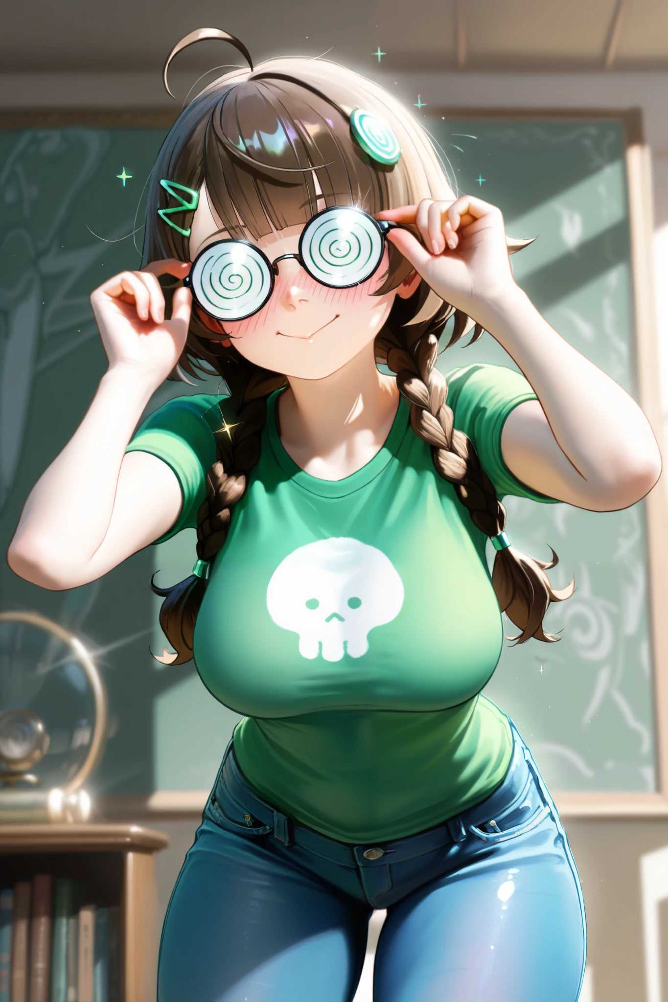 HDR, 8K, high contrast, masterpiece, best quality, amazing quality, very aesthetic, painting artstyle, realistic, newest, hyperdetailed painting, brushstrokes, digital painting,
BREAK
bounce light, hyperdetailed, detailed hair strands, detailed fibers, aesthetic, 8k wallpaper, detailed, masterpiece, best quality, amazing quality, very aesthetic, absurdres, 8K,masterpiece, great colors, color theory, great lighting, great composition, flawless. 1girl, solo, breasts, blush, green T-shirt, large breasts, brown hair, hair ornament, thick thighs, blue jeans, ahoge, braided hair. Single braid, Blunt bangs. Long side bangs, short sleeves, thighs, hairclip, green glass rims, :>, holding book, round eyewear, @ @, opaque glasses, coke-bottle glasses. Adjusting glasses, sparkle, portrait