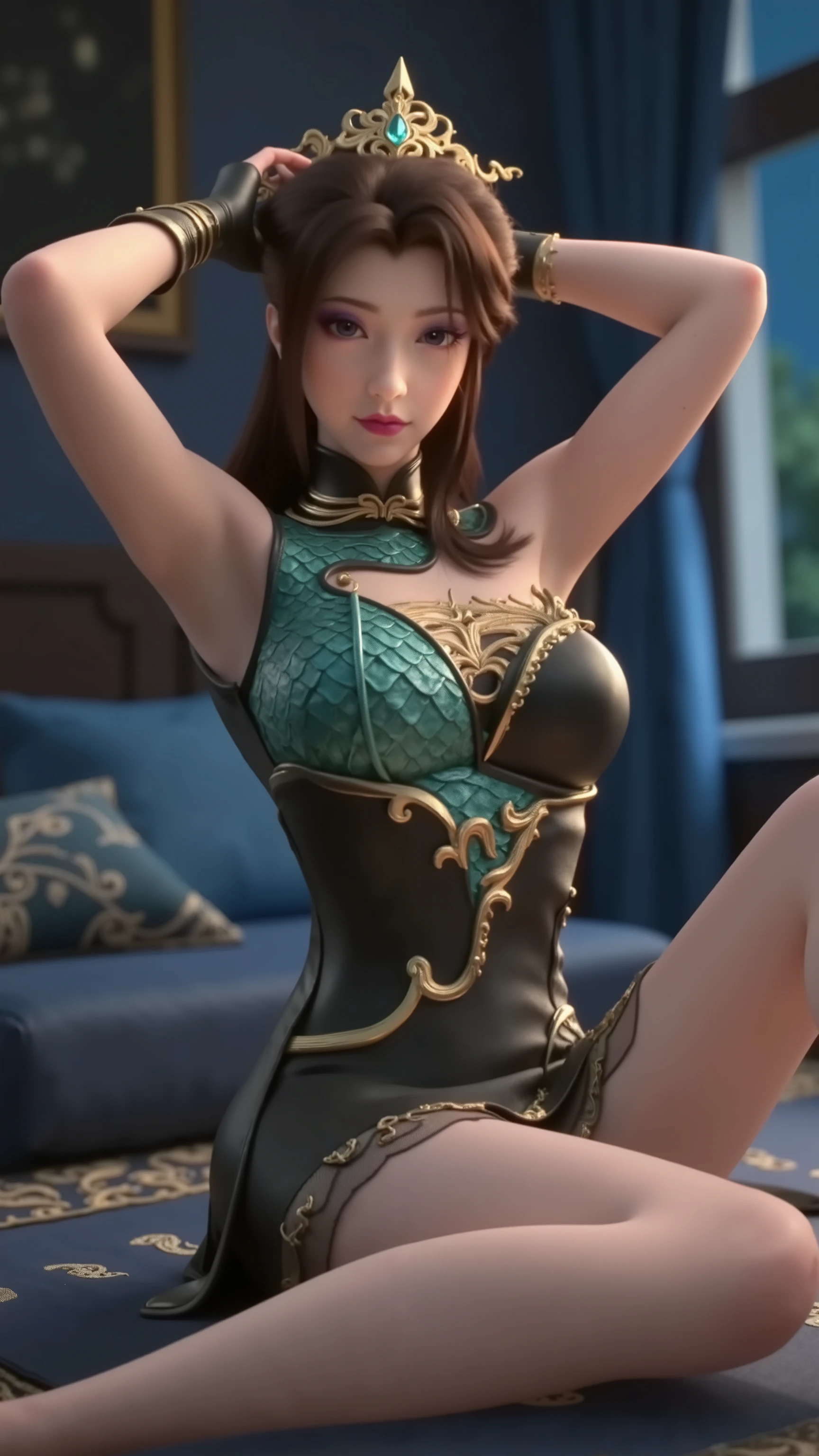 1girl,full body,(Best quality at best, tmasterpiece:1.2), super high separation rate, actual, Frontlighting, Complicated details, Exquisitedetailsandtextures, (with sparkling eyes and a contagious smile),cute Face highlights, (figure),dynamic angle,Super detailed, from below,extreme close-up,(kung fu pose:1.2),(ultra detailed skin),curvy,beautiful breasts,large breasts,pale skin,pointy breasts,erect nipples,(fantasy art,Highest image quality,Hyperrealist portrait,(8k),ultra-realistic,best quality, high quality, high definition, high quality texture,high detail,beautiful detailed,fine detailed,extremely detailed cg,detailed texture,a realistic representation of the face,masterpiece,Sense of presence,Dynamic,bold),(thin pubric hair),(soft hair),(straight hair:1.5),Swept long bangs,extra light coppery amber hair,hair over one eye,See-through dress with asymmetrical embroidery,tight mini skirt,stockings,Engineer boot