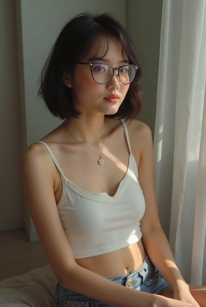 Glasses, bikini, (NSFW), (BIG BOOBS), nipples, Ultra high quality, slim, (no panties), beautiful, legs open, sitting, nude