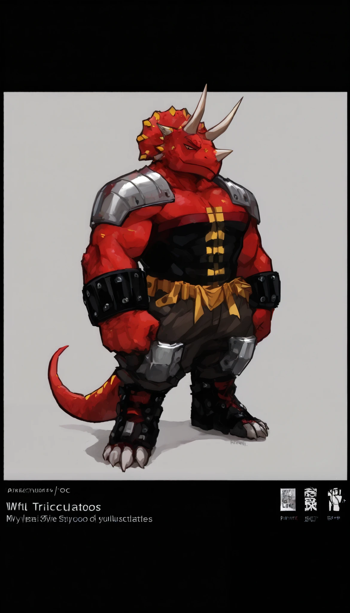 (My Hero Academia Style), ((OC)), ((1guy)), ((male)), (Anthro), ((perfect face)), (((perfect hands))), ((perfect anatomy)), (Knee gap), (Ankle Gap), ((standing)), ((looking at viewer)), ((plain background)), ((full body photo;1.5)), ((Triceratops face)), ((Huge body)), ((Marked musculature)), ((Wide shoulder pads)), ((Black bracers)), ((Red Loose fullbody Strapless Bodysuit)), ((Red Loose cargo Pants)), ((metal knee pads)), ((red and yellow scales)), ((simple gray background)),