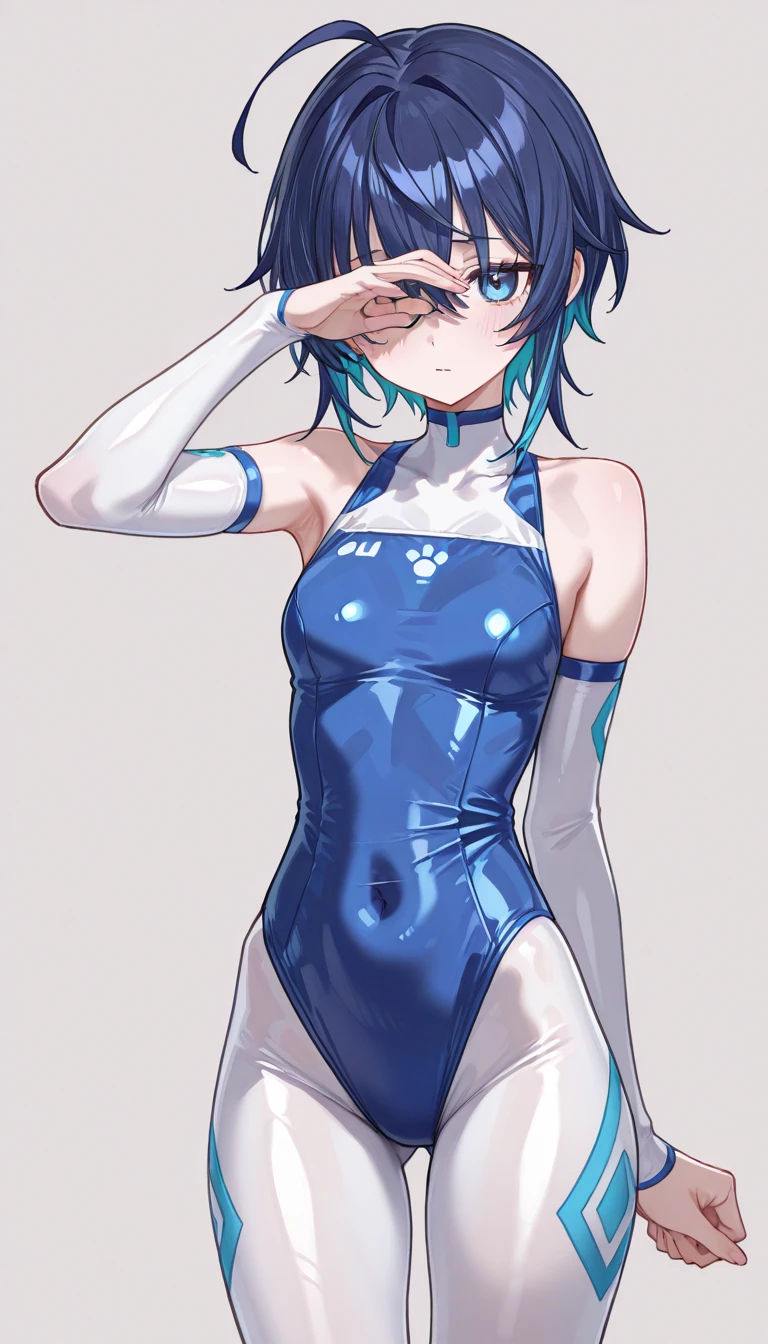 highest quality、Realistic、Japanese、man、cute、Turquoise Eyes、short hair、Silver Hair、all back、Forehead is coming out、gym、sit、Sunburned skin、Blue leotard、rhythmic gymnast、Joy、Grinning、Face close-up、Small breasts、swollen crotch、slender