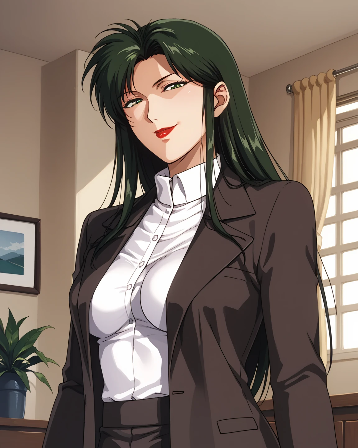 suit anime Japanese female yellow eyes black hair ivory shirt maroon jacket olive green pants. Large-breasted, long-haired woman with a center parting and a ponytail, smiling. She is wearing a Japanese sword on her left hip..